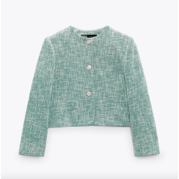 Zara Green Tweed Cropped Tailored Blazer Small Feminine Preppy Twee Classic - Picture 14 of 16